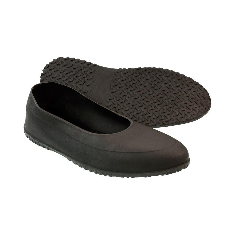 A pair of black rubber galoshes, one turned to show the zigzag grip sole.