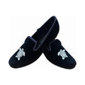 The Albert slipper in black velvet, a silver turtle embroidered on the vamp, black quilted lining.